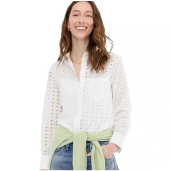 J Crew Women’s White Classic Fit 100% Cotton Button Up Eyelet Shirt Size 12 - Picture 1 of 12